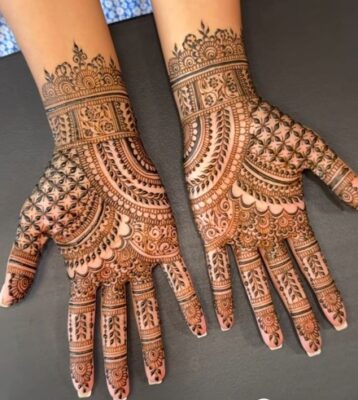 A net-pattern Full Hand Mehndi Design looks stylish and intricate