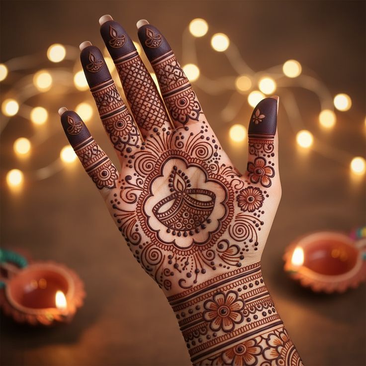 Front-hand Mehndi Design highlights beautiful palm patterns