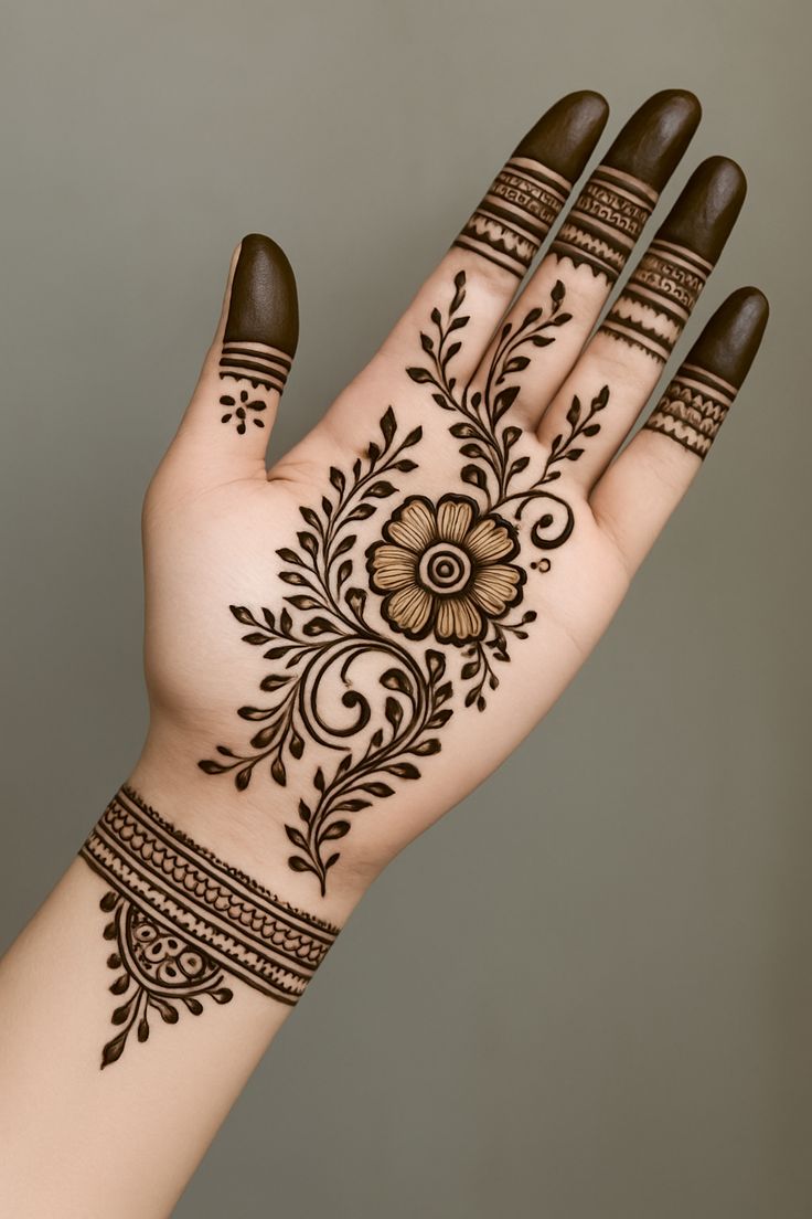 Front-hand Mehndi Design highlights intricate finger details