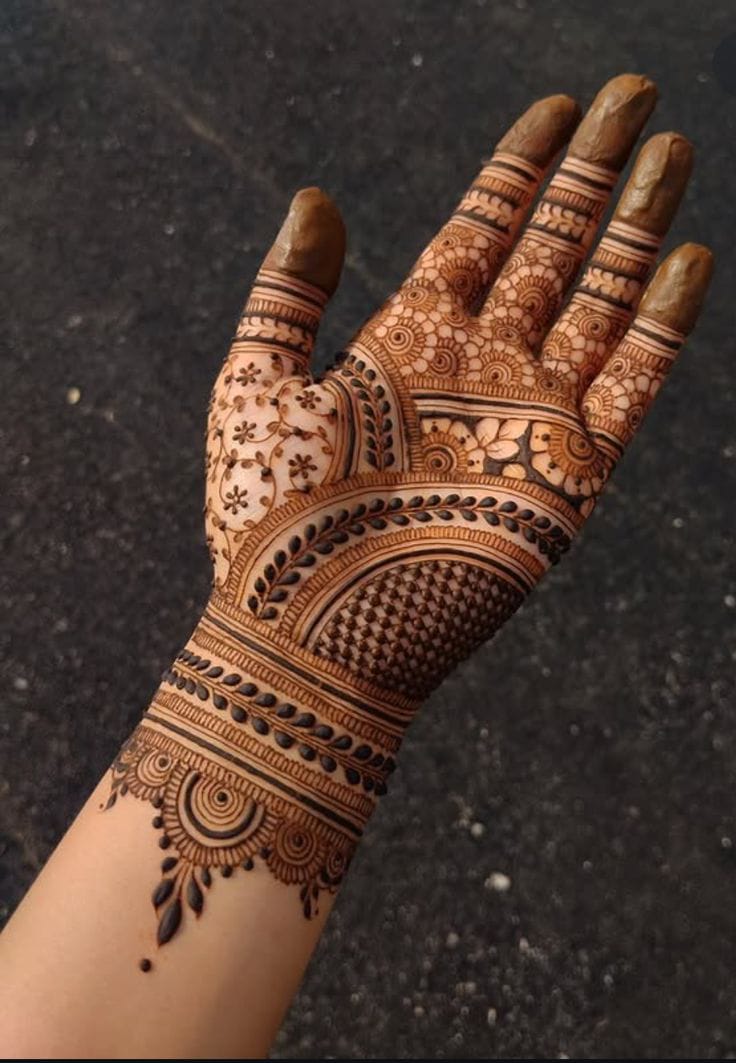 Front hand Mehndi Design highlights palm beauty