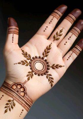 Front Hand Mehndi Design covers the palm gracefully