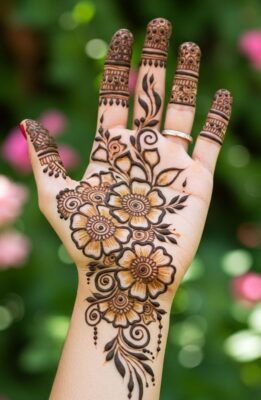 Front Hand Mehndi Design includes floral and paisley patterns