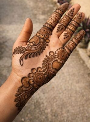 Royal Front Hand Mehndi Design includes floral and paisley motifs