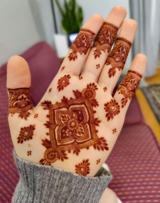 Palm Mehndi Design includes floral and mandala patterns