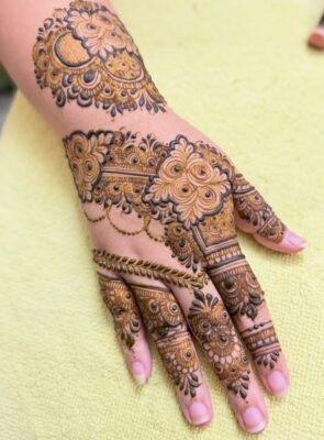 Stylish Back Hand Mehndi Design is inspired by modern patterns